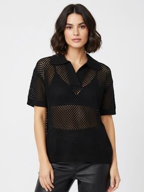 Heyday Black Open Knit Collared Sweater Top - NWOT